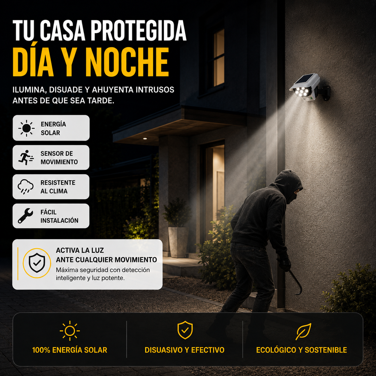 VigiLuz Solar™ - Foco tipo cámara que protege tu casa de noche sin gastar energía