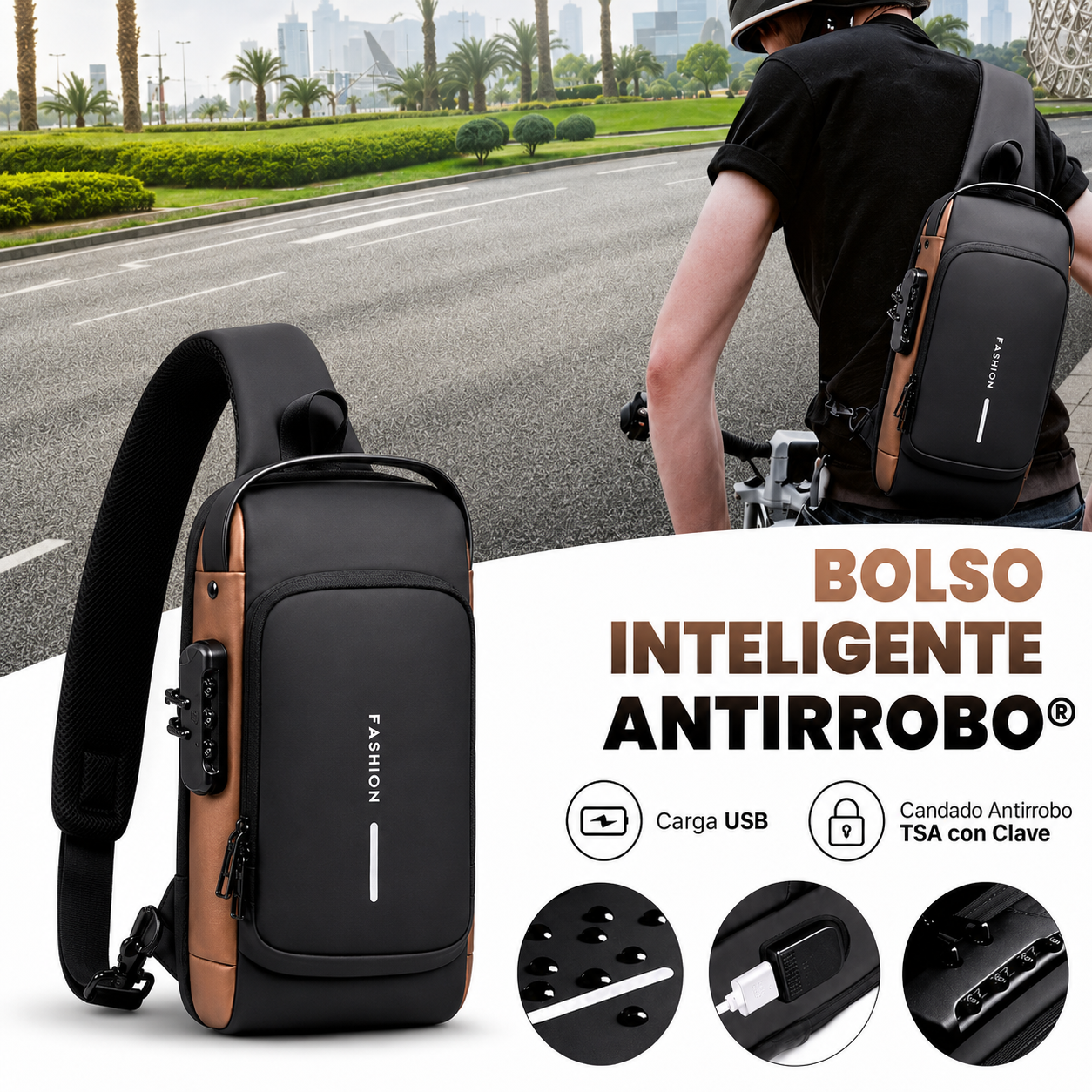 Bolso Cruzado Antirrobo con Candado TSA y Carga USB