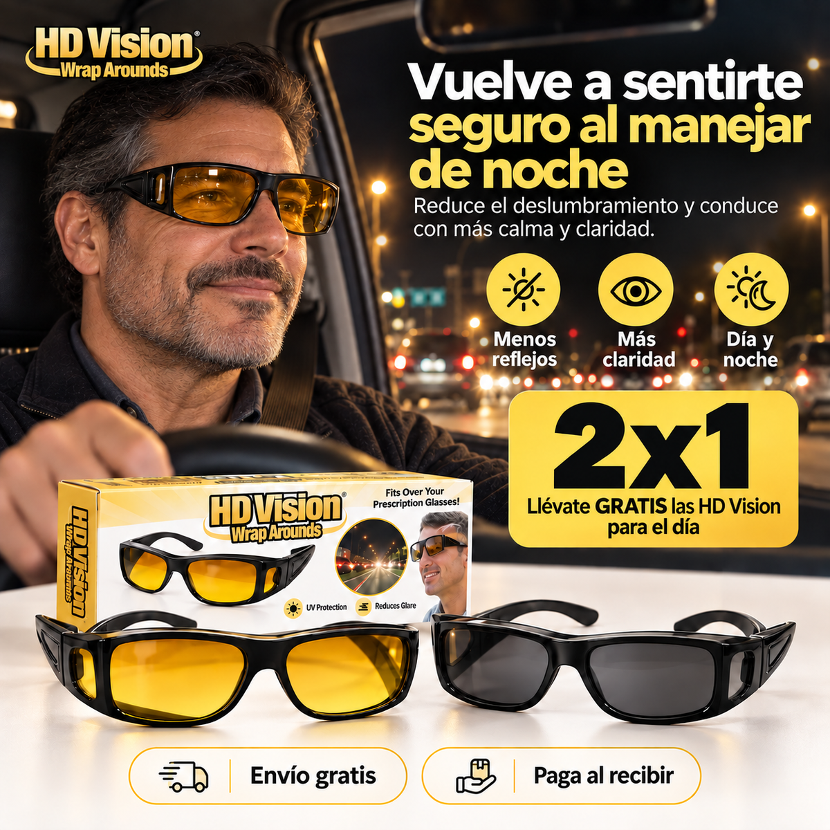 HD Vision™ 2x1 | Maneja de Noche y de Día Sin Encandilarte, Con Más Seguridad