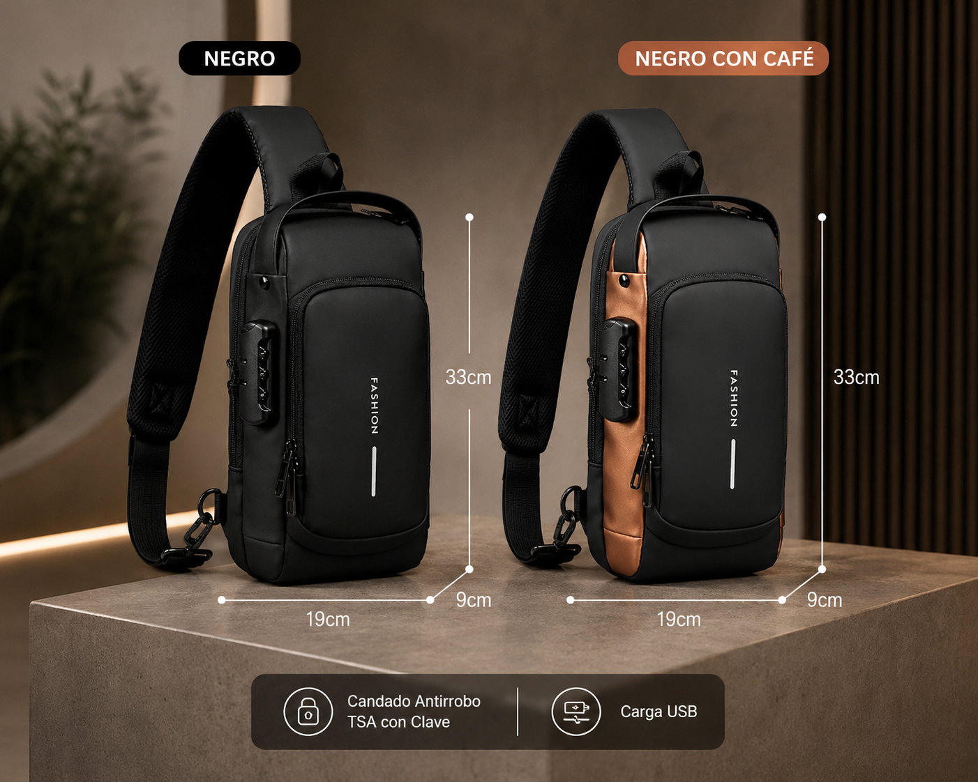 Bolso Cruzado Antirrobo con Candado TSA y Carga USB