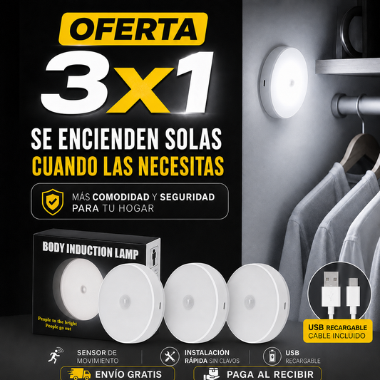 Pack 3x1 Luces LED con Sensor de Movimiento | Recargables USB