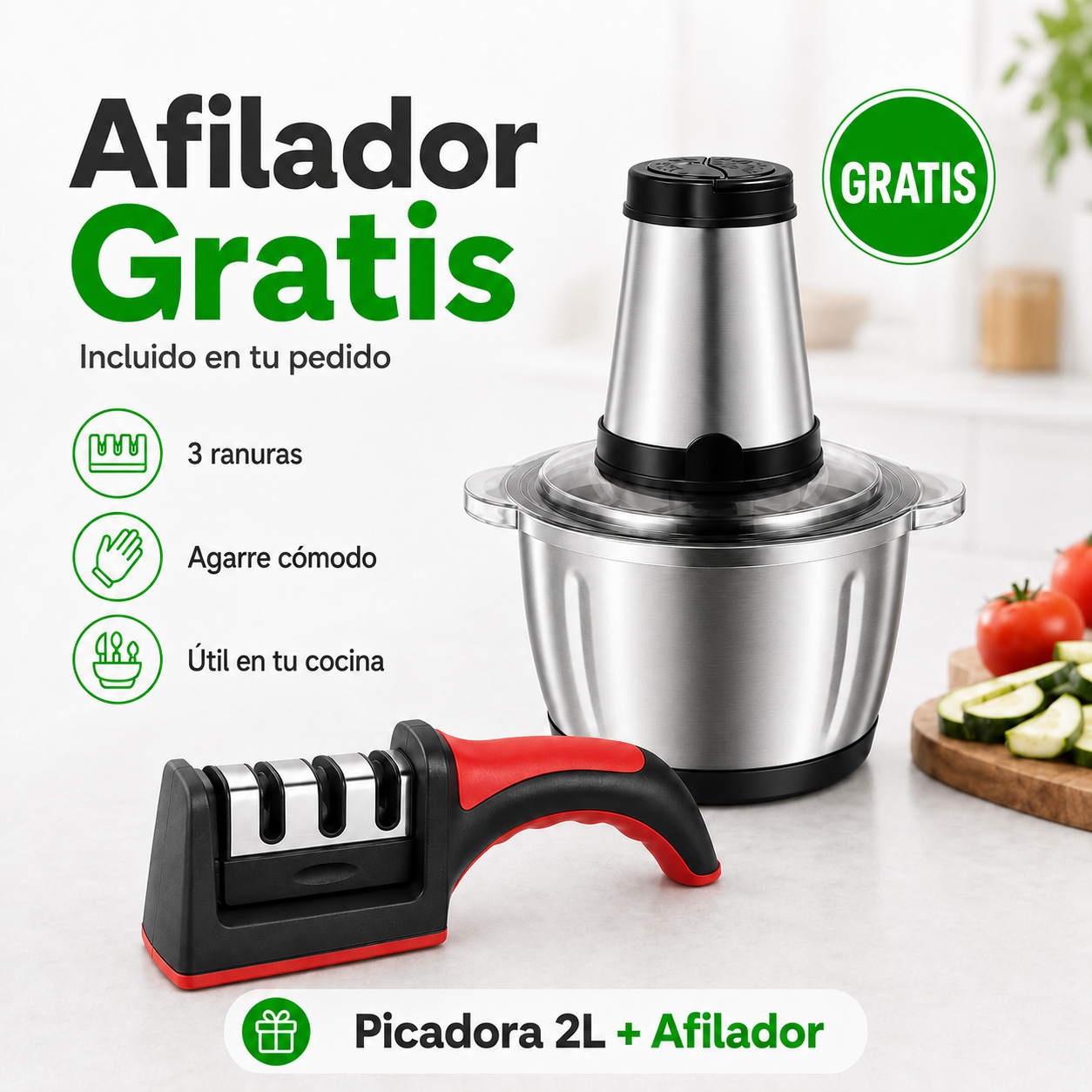 Picadora Eléctrica 2L + Afilador de Cuchillos de Regalo