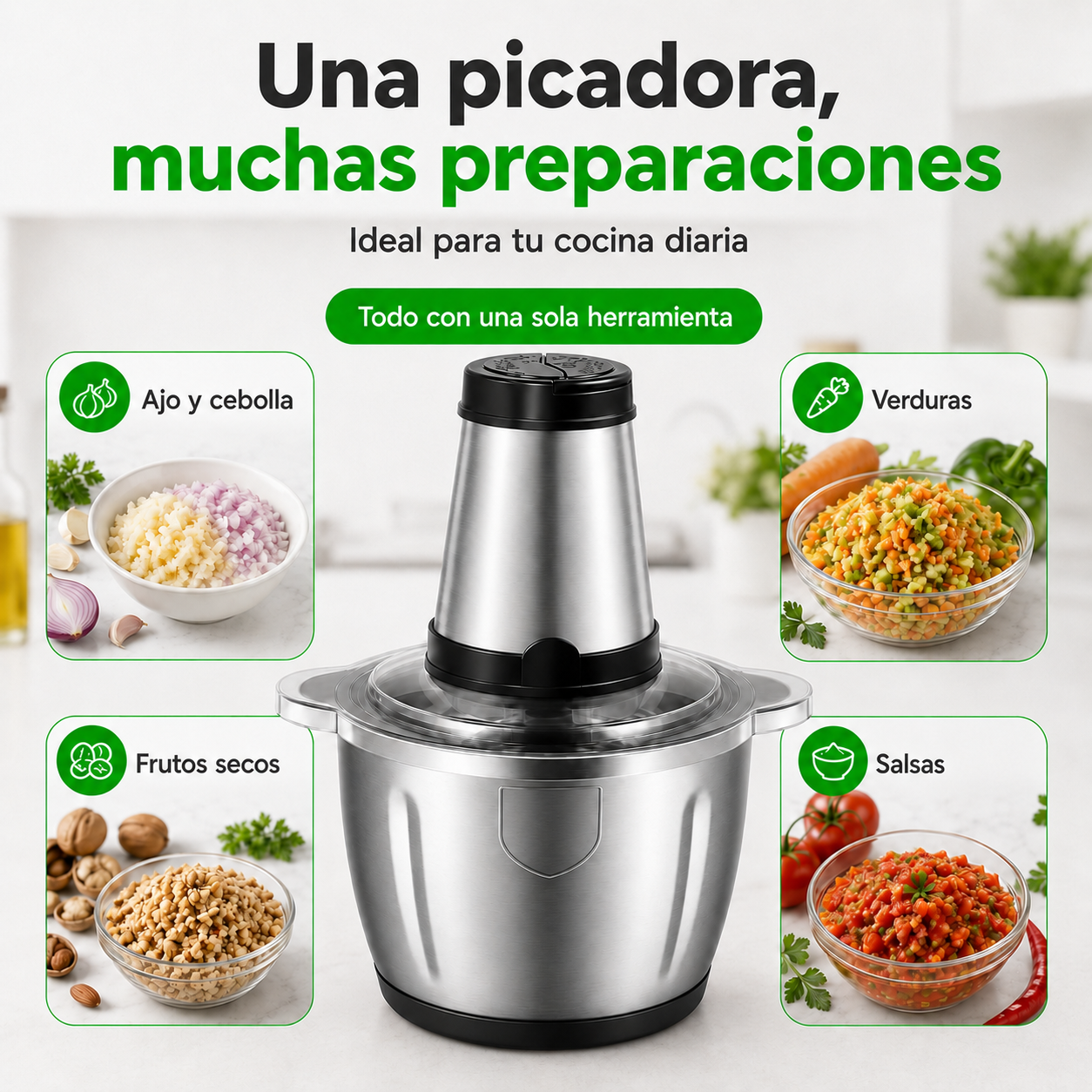 Picadora Eléctrica 2L + Afilador de Cuchillos de Regalo