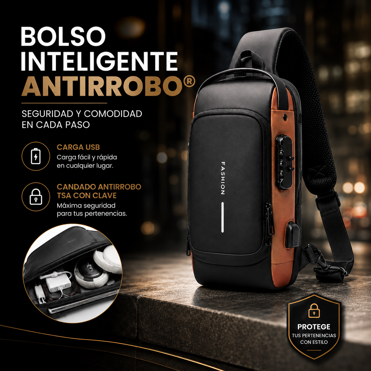 Bolso Cruzado Antirrobo con Candado TSA y Carga USB