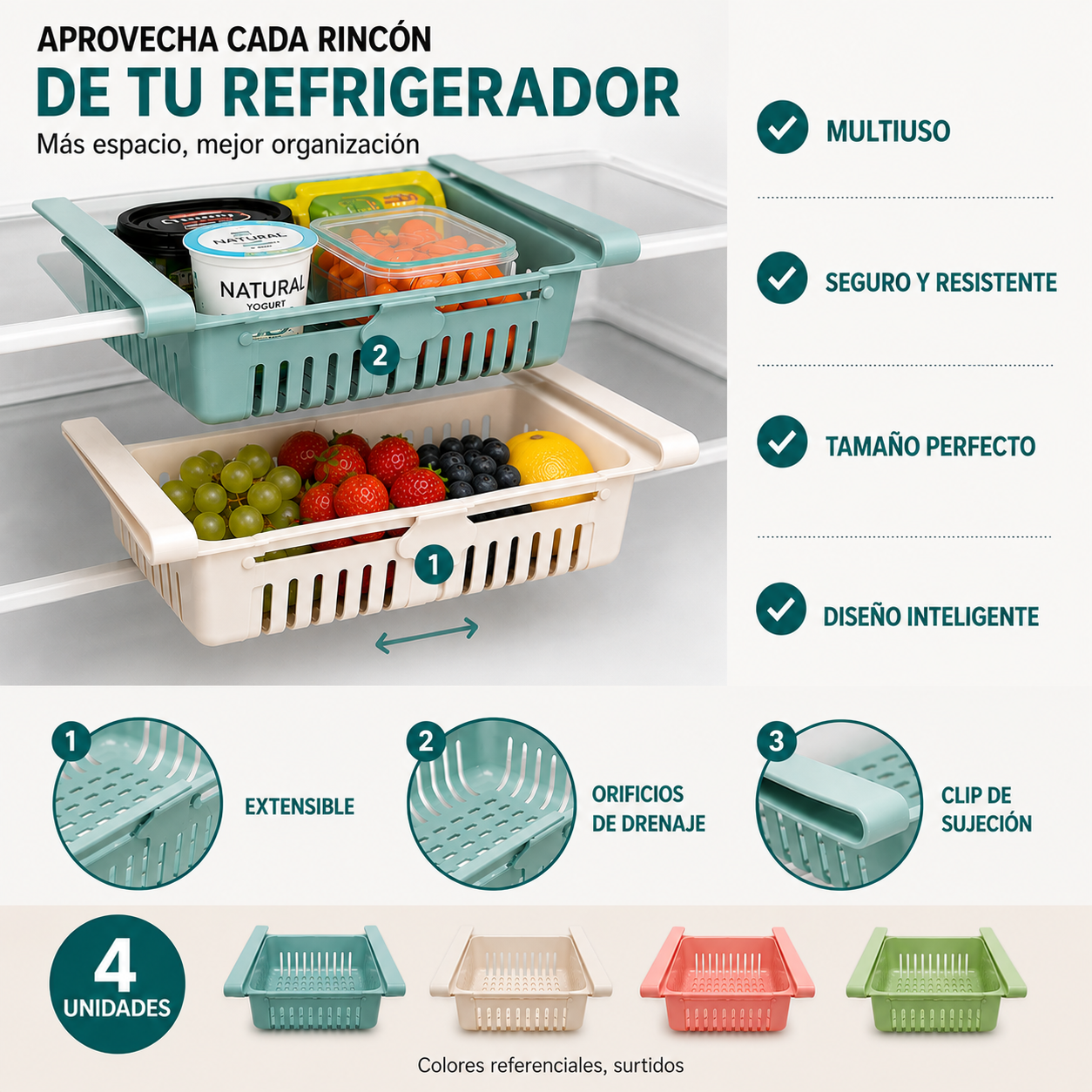 4 Organizadores Extensibles para Refrigerador
