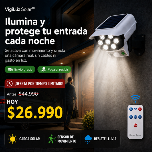 VigiLuz Solar™ - Foco tipo cámara que protege tu casa de noche sin gastar energía