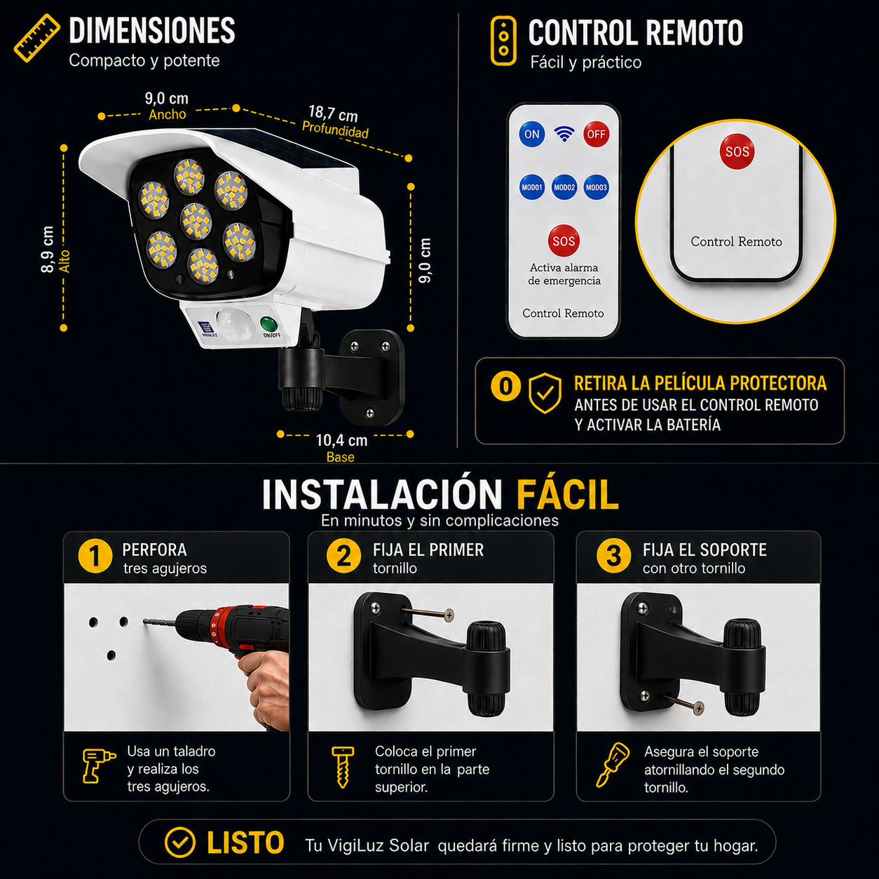 VigiLuz Solar™ - Foco tipo cámara que protege tu casa de noche sin gastar energía