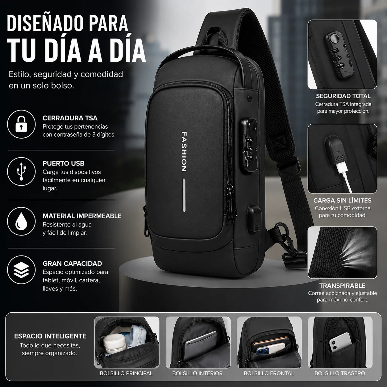 Bolso Cruzado Antirrobo con Candado TSA y Carga USB