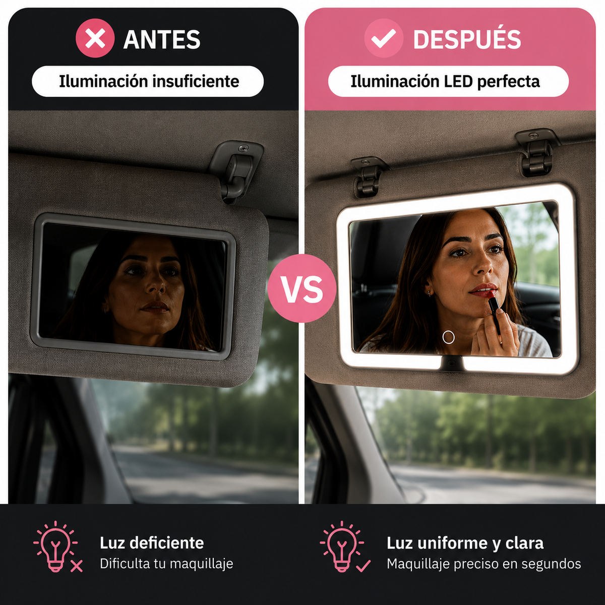 Espejo LED Auto — Maquíllate con Luz Perfecta en Segundos